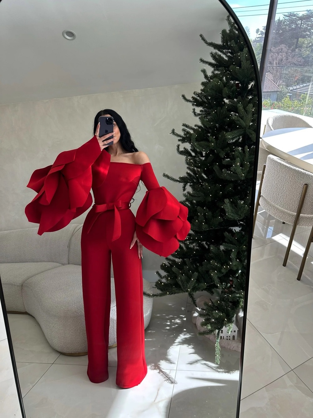 Off-Shoulder Red Jumpsuit with Statement Ruffle Sleeves